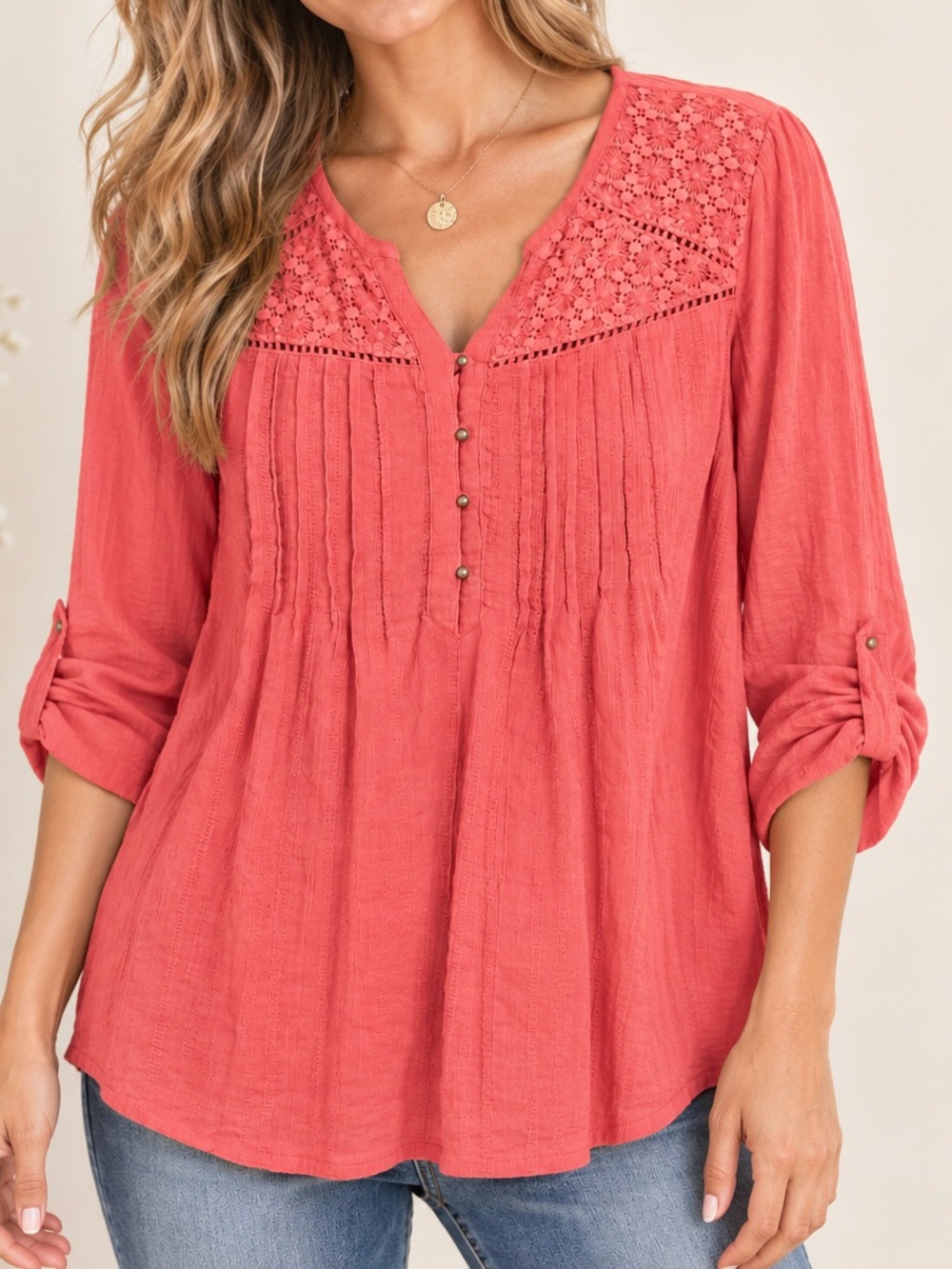 Gloria Vanderbilt Women’s M Coral Crochet Lace Pintuck Boho Tunic Blouse